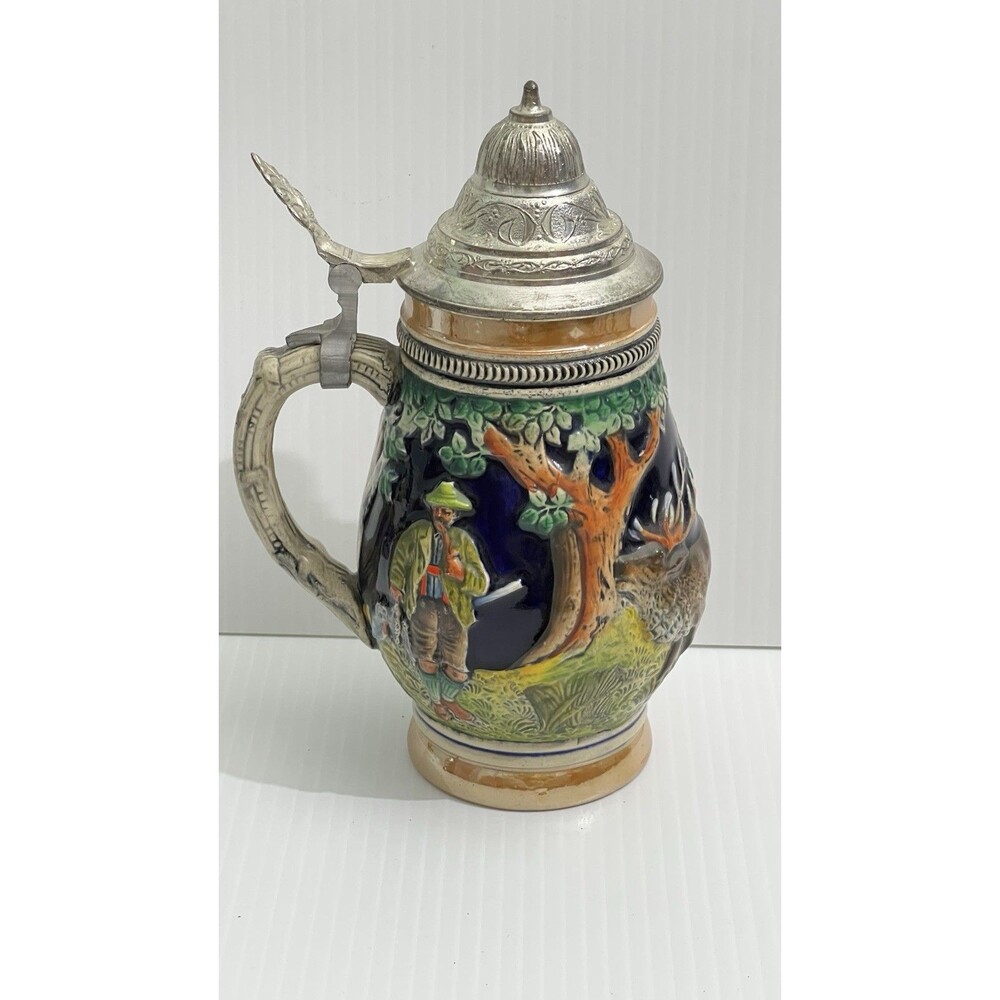 VTG Original Lerchen Germany Beer Stein Ceramic Pewter Lid Hunting Stag Dog Deer